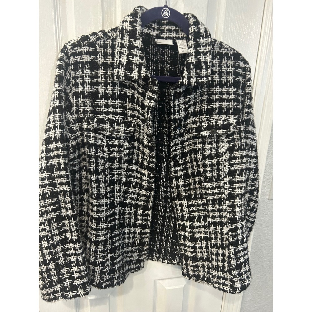 Chico's Shirt Jacket Black White Tweed Metallic Plaid Shacket Blazer Coat Size 2